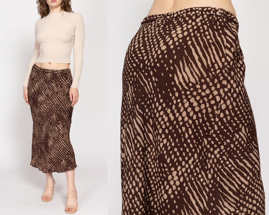 Med-Lrg 90s Brown Snakeskin Print Midi Skirt | Vintage Boho Grunge Leslie Fay High Waisted Elastic Skirt