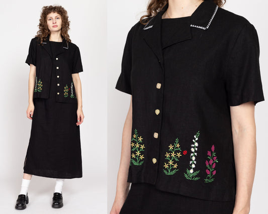 Medium 90s Black Floral Embroidered Linen Top & Maxi Dress Set | Vintage Short Sleeve Button Up Grunge Outfit