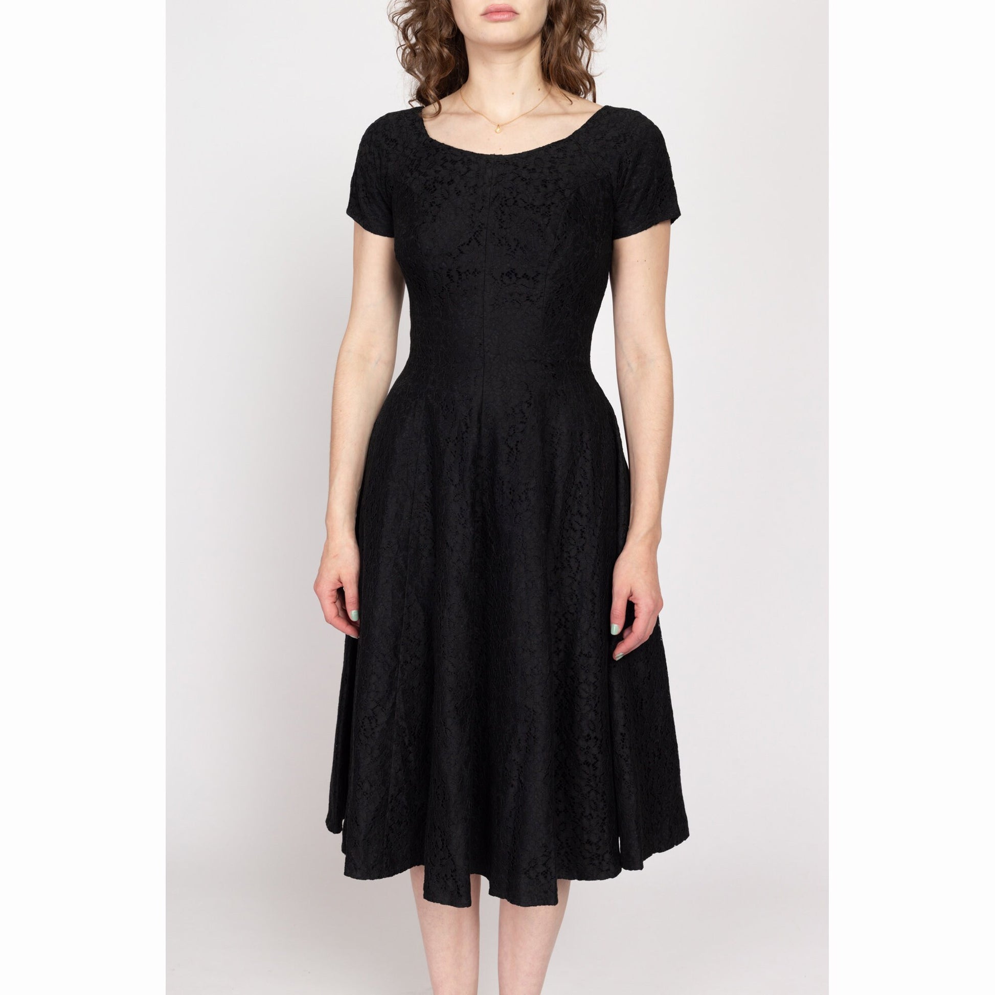 Small 60s Black Floral Eyelet Lace Fit & Flare Dress Small 60s Black Floral Eyelet Lace Fit & Flare Dress