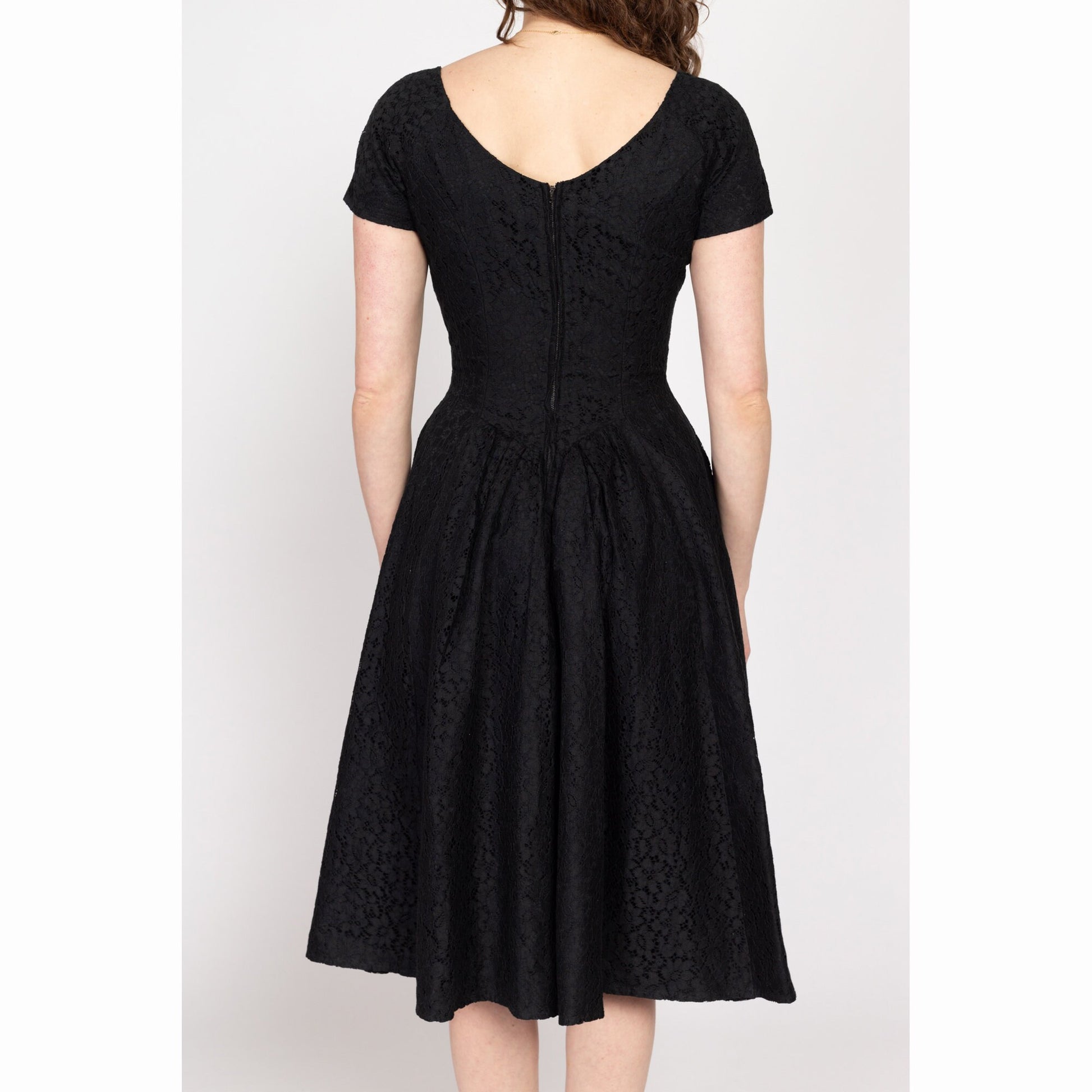 Small 60s Black Floral Eyelet Lace Fit & Flare Dress Flying Apple Vintage Small 60s Black Floral Eyelet Lace Fit & Flare Dress Flying Apple Vintage