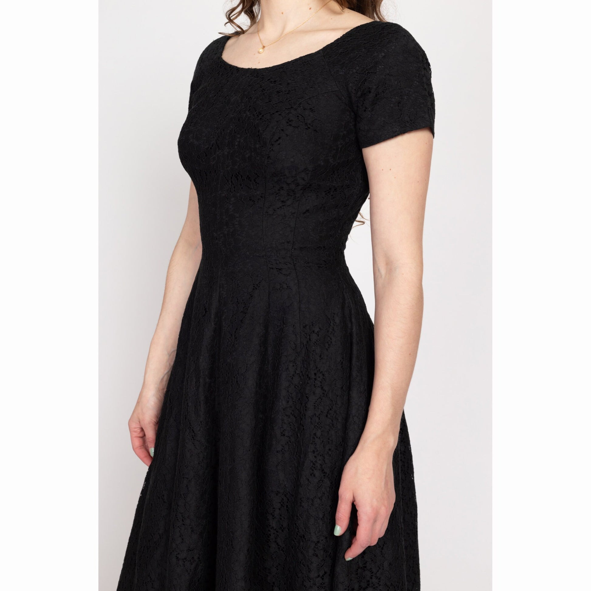 Small 60s Black Floral Eyelet Lace Fit & Flare Dress Small 60s Black Floral Eyelet Lace Fit & Flare Dress