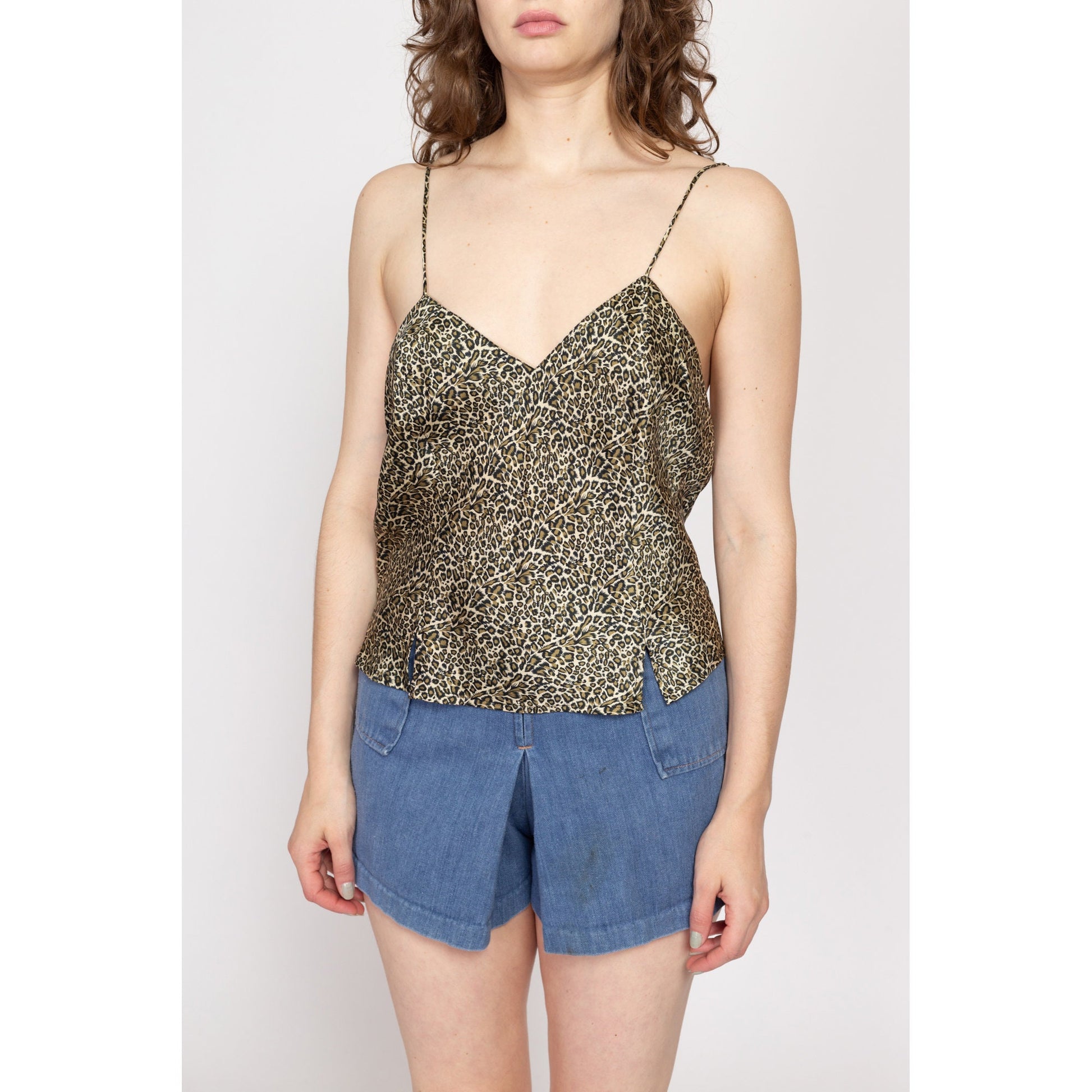 Large 90s Silk Leopard Print Camisole | Vintage Low Back Satin Lingerie Slip Top