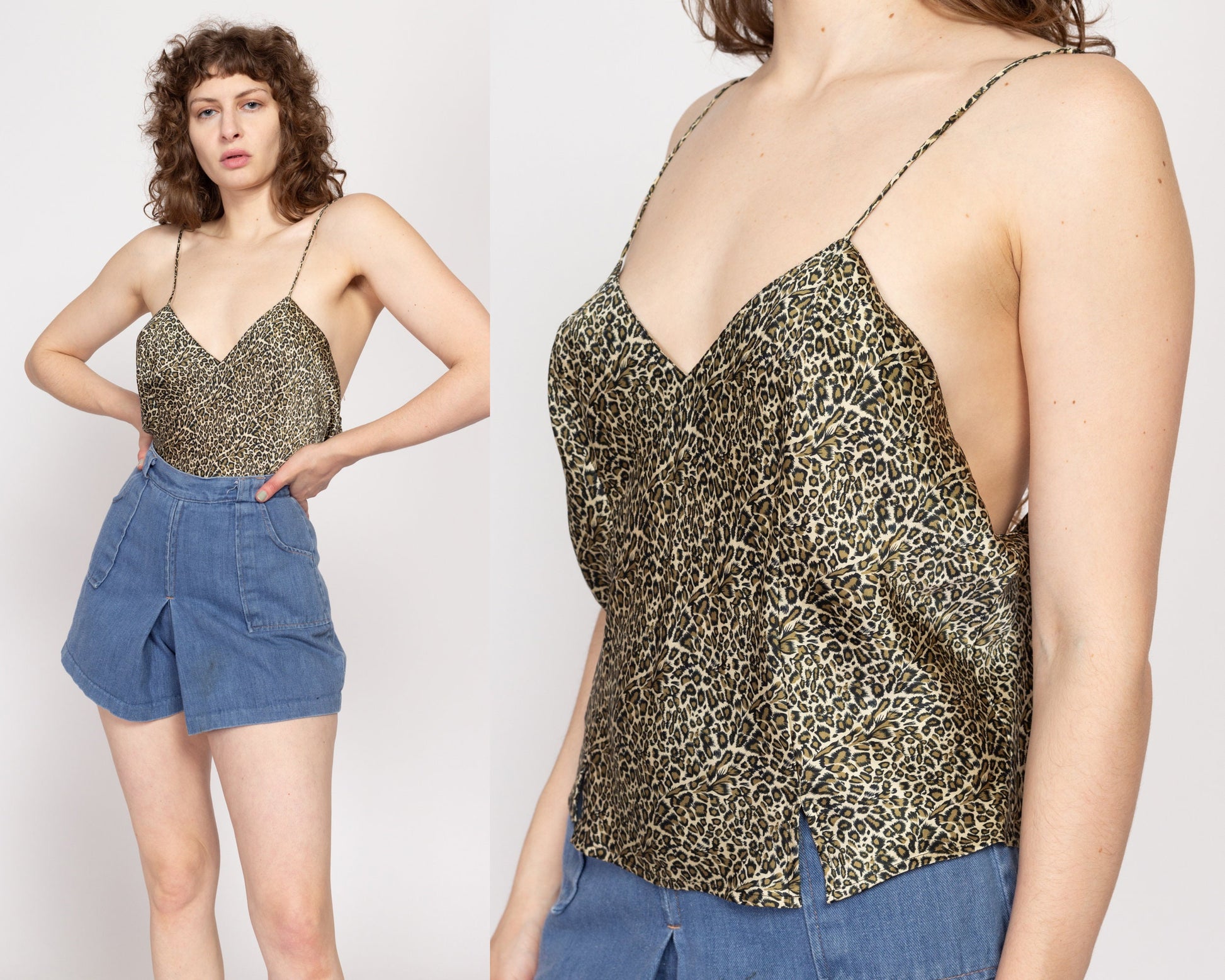 Large 90s Silk Leopard Print Camisole | Vintage Low Back Satin Lingerie Slip Top