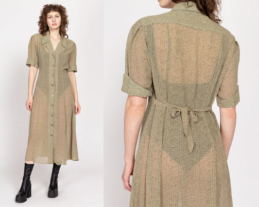 Medium 90s Sheer Sage Floral Shirtdress | Vintage Short Sleeve Collared Button Front Midi Dress