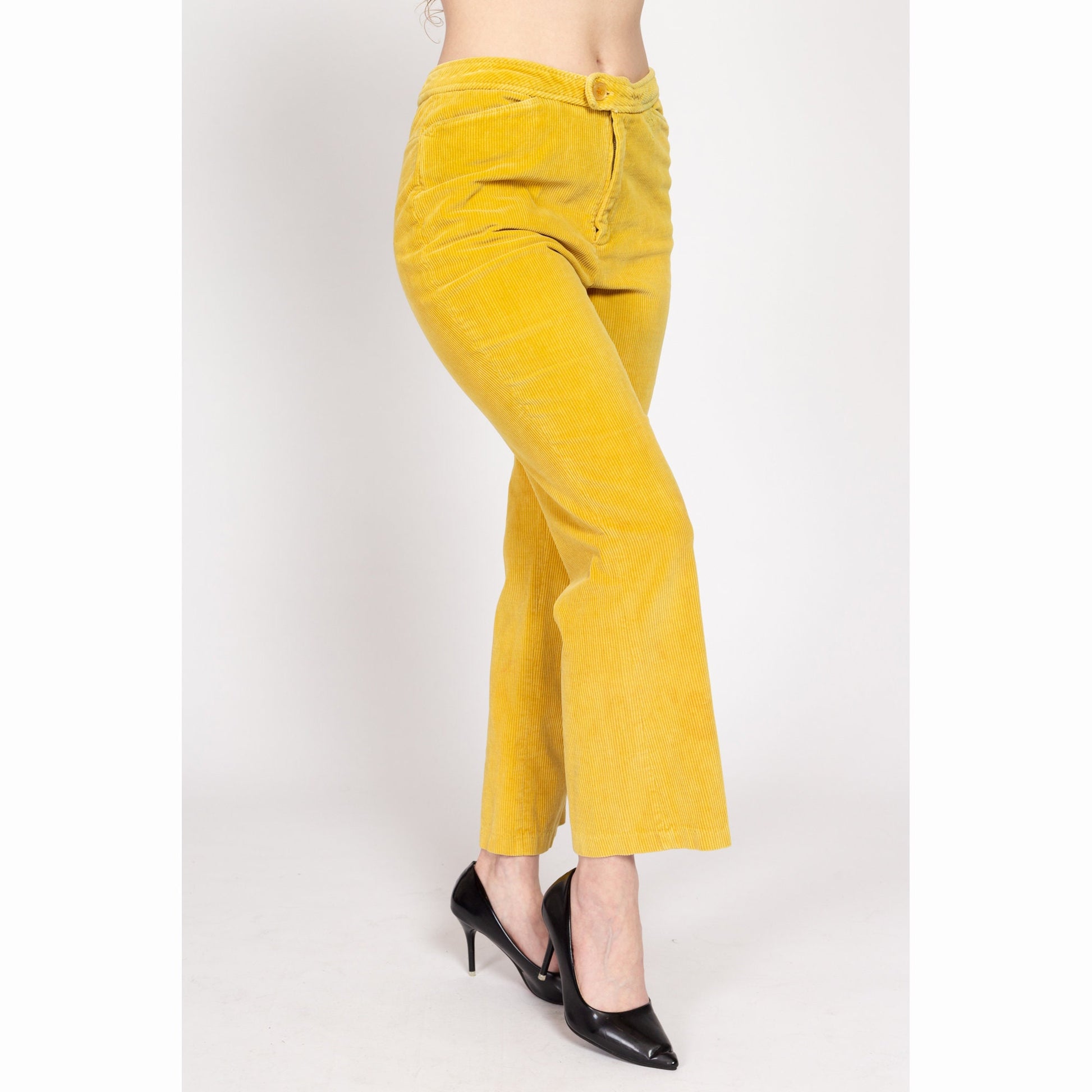 Medium 70s Yellow Corduroy Kick Flare Pants | Vintage Cords Retro High Waisted Trousers