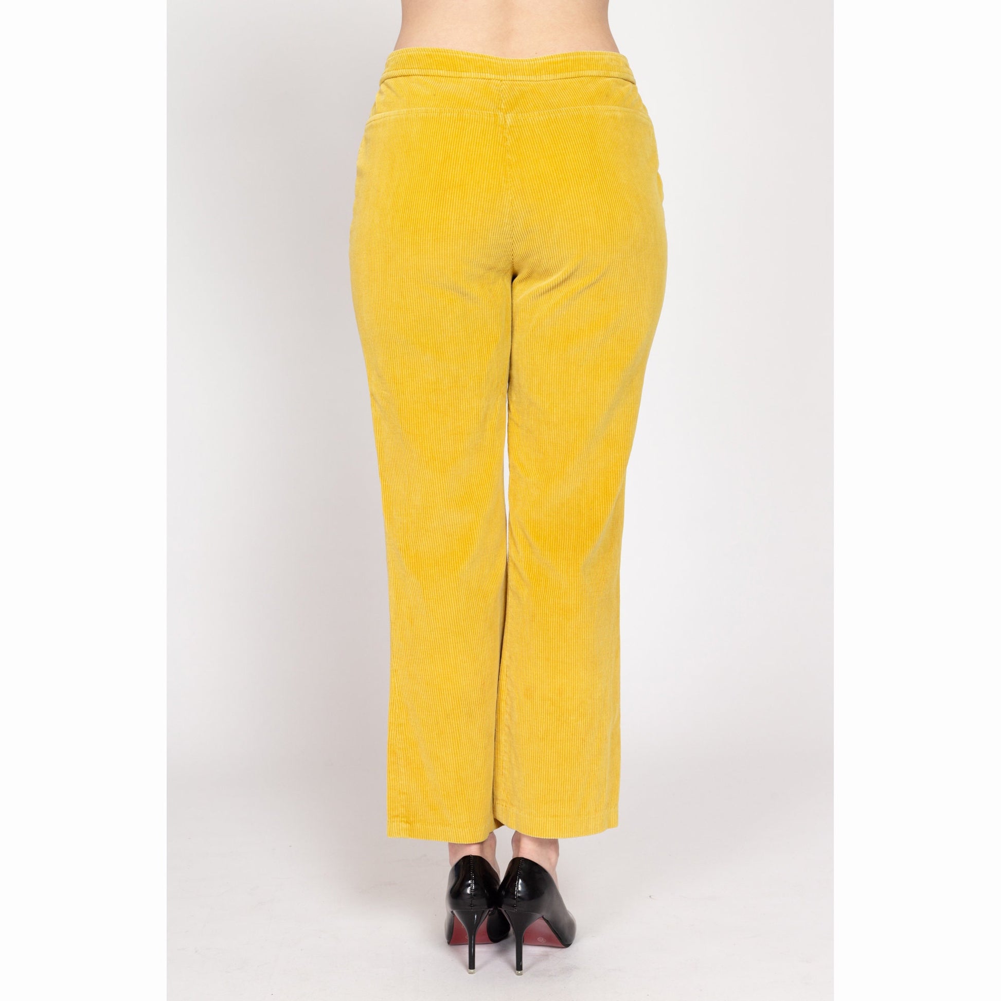 Medium 70s Yellow Corduroy Kick Flare Pants | Vintage Cords Retro High Waisted Trousers