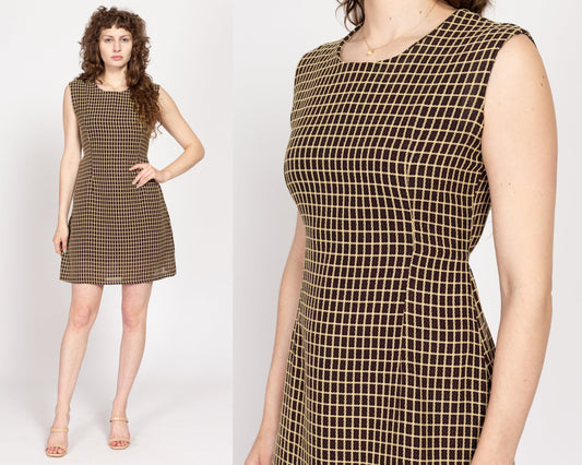 Large 90s Two Tone Grid Mini Dress | Vintage Brown Woven Knit Sleeveless A Line Dress