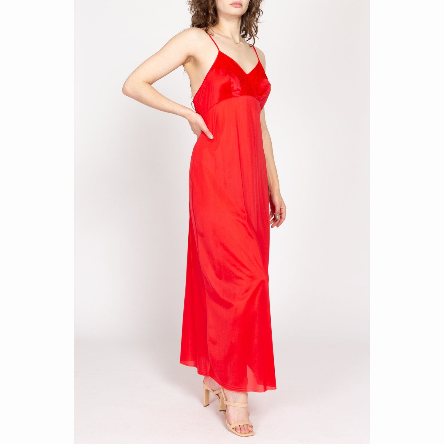 Medium 80s Red Maxi Nightgown | Vintage Lace Trim Negligee Nightie Slip Dress