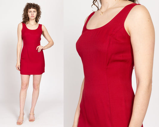 Medium 90s Red Mini Sheath Dress | Vintage Fitted Scoop Neck Sleeveless Minimalist Cocktail Dress