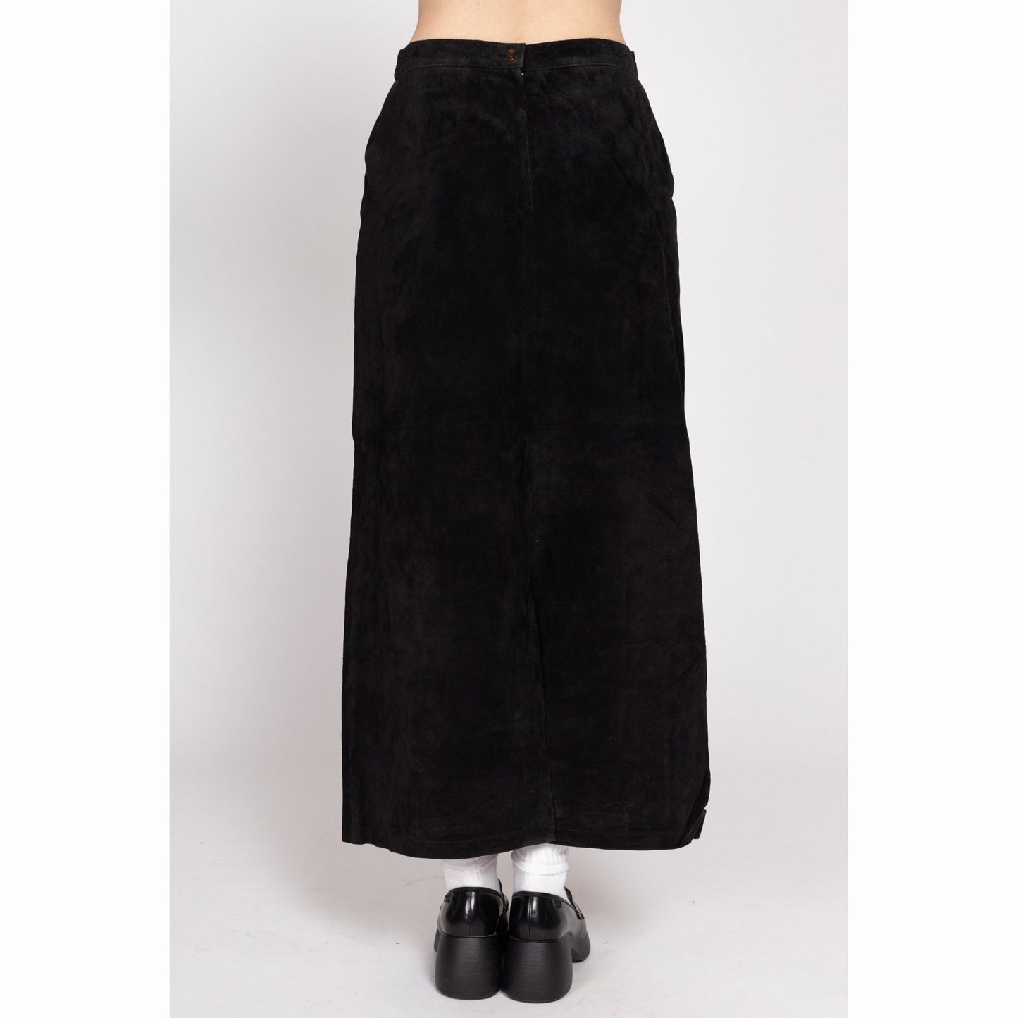 Medium 90s Black Suede Maxi Skirt 28.5" | Vintage Boho A Line Leather High Waisted Skirt