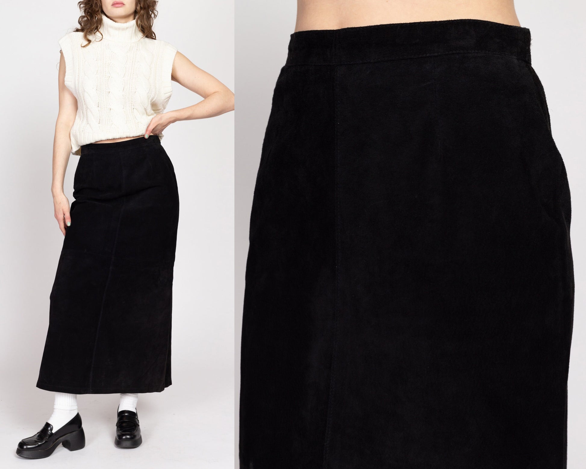 Medium 90s Black Suede Maxi Skirt 28.5" | Vintage Boho A Line Leather High Waisted Skirt