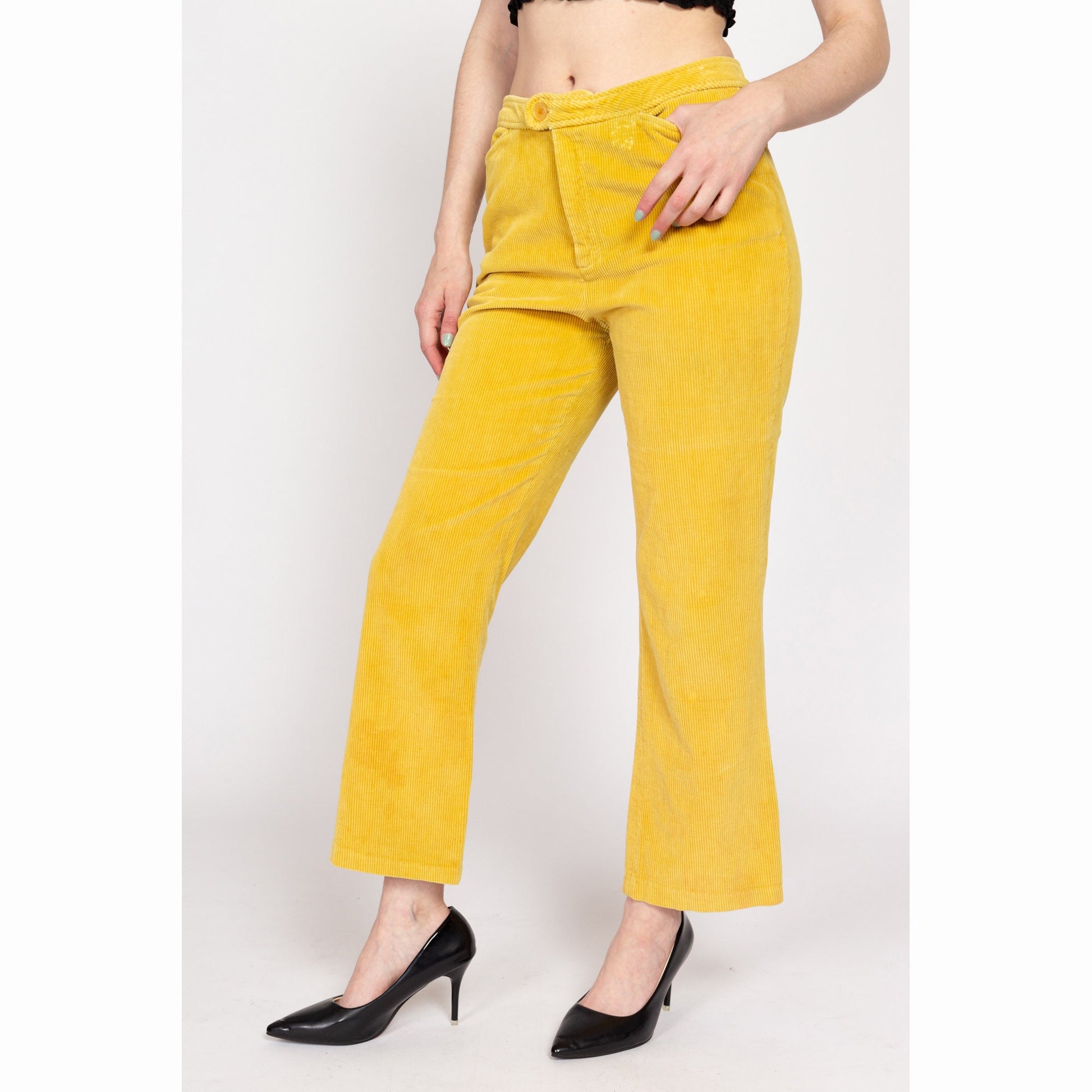 Medium 70s Yellow Corduroy Kick Flare Pants | Vintage Cords Retro High Waisted Trousers