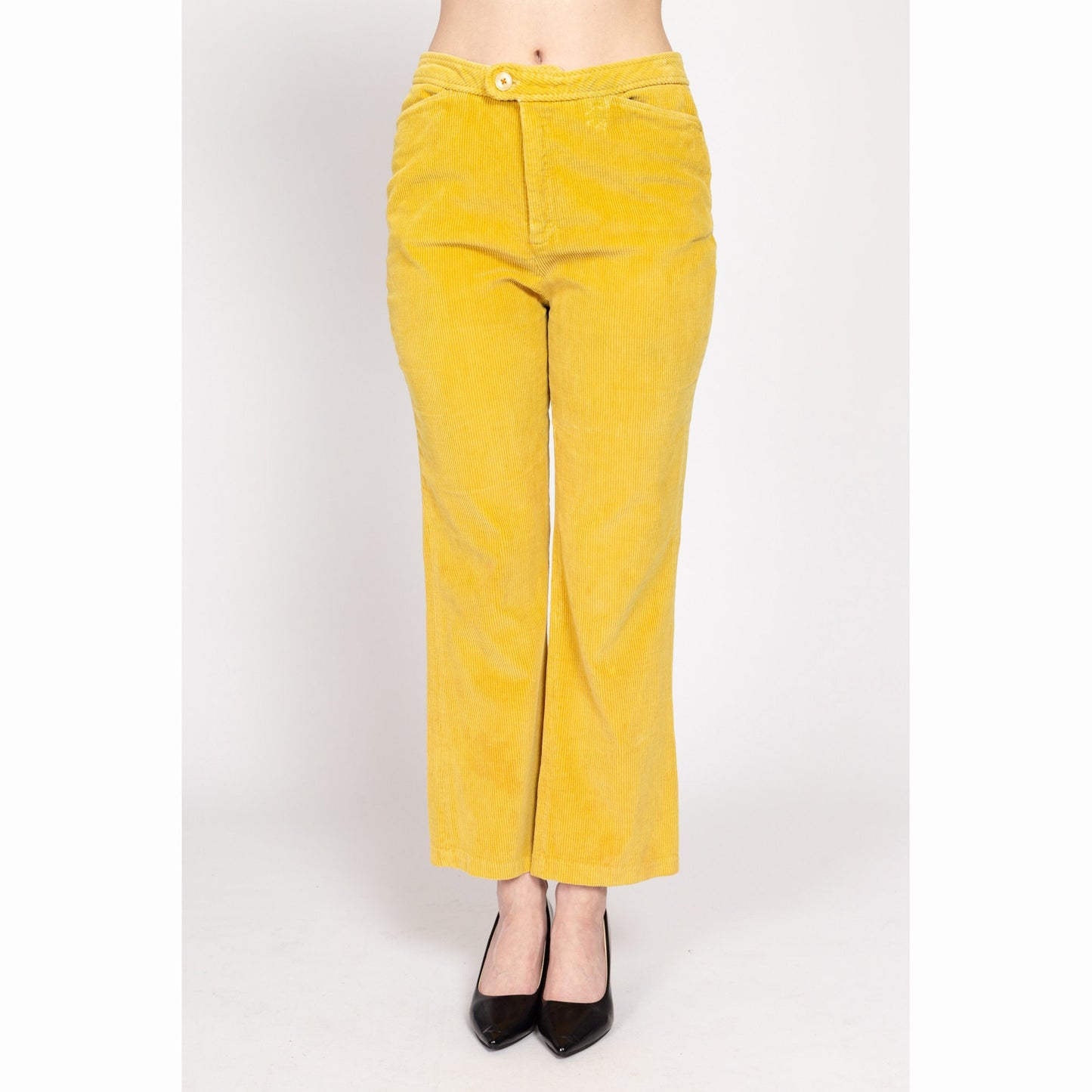 Medium 70s Yellow Corduroy Kick Flare Pants | Vintage Cords Retro High Waisted Trousers