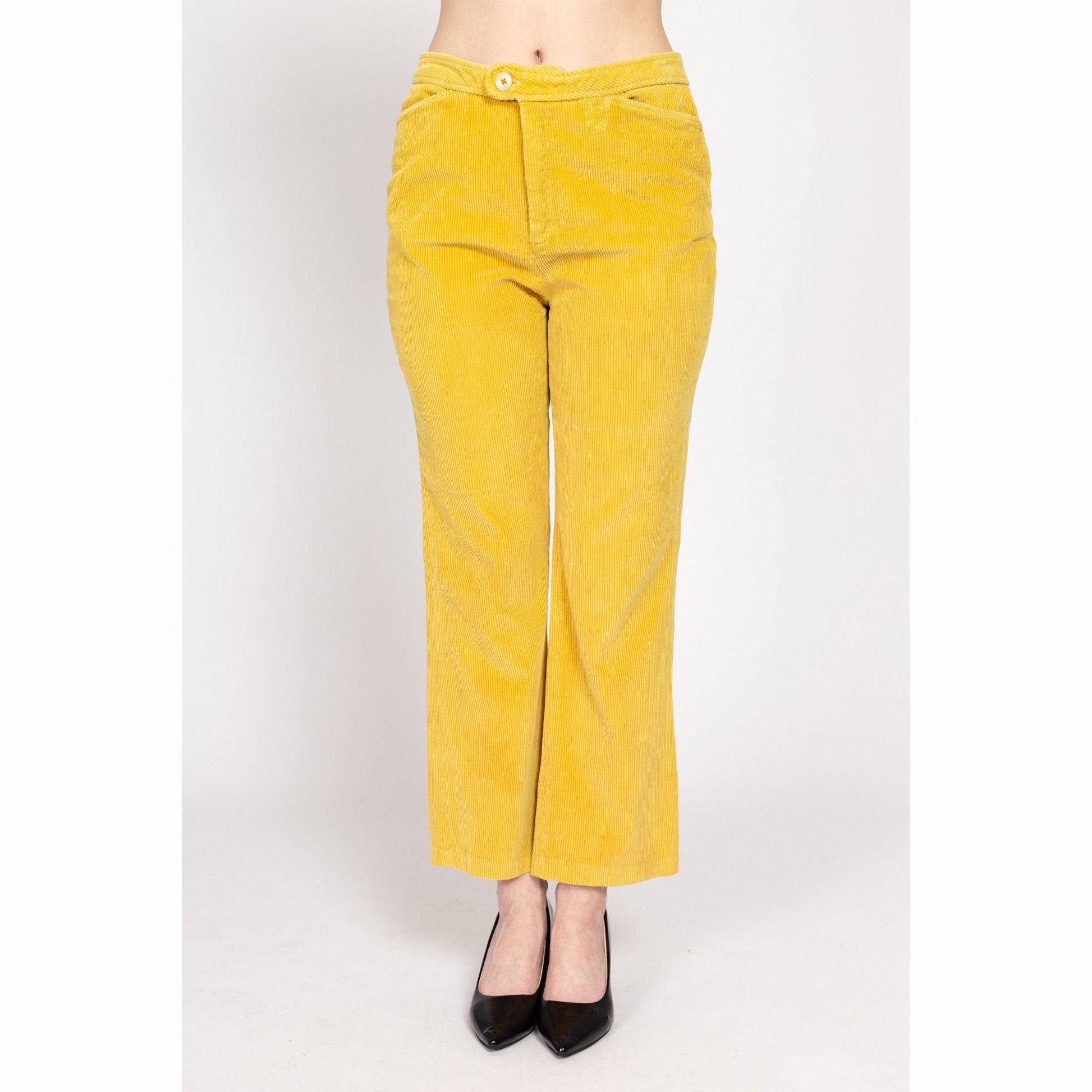Medium 70s Yellow Corduroy Kick Flare Pants | Vintage Cords Retro High Waisted Trousers
