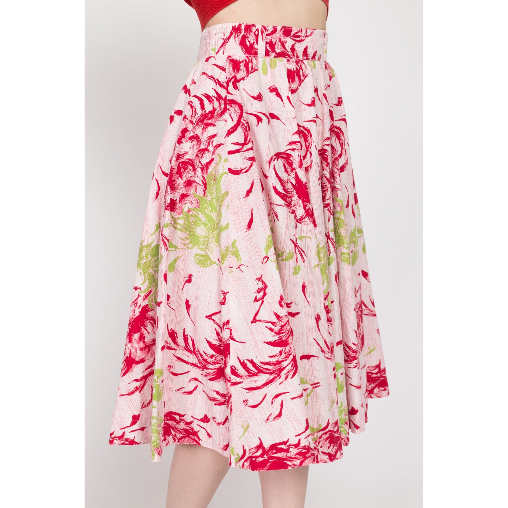 XS 50s 60s Windy Floral Print Circle Skirt 24" | Vintage Red Pink Green Boho Midi Flower Print Skirt