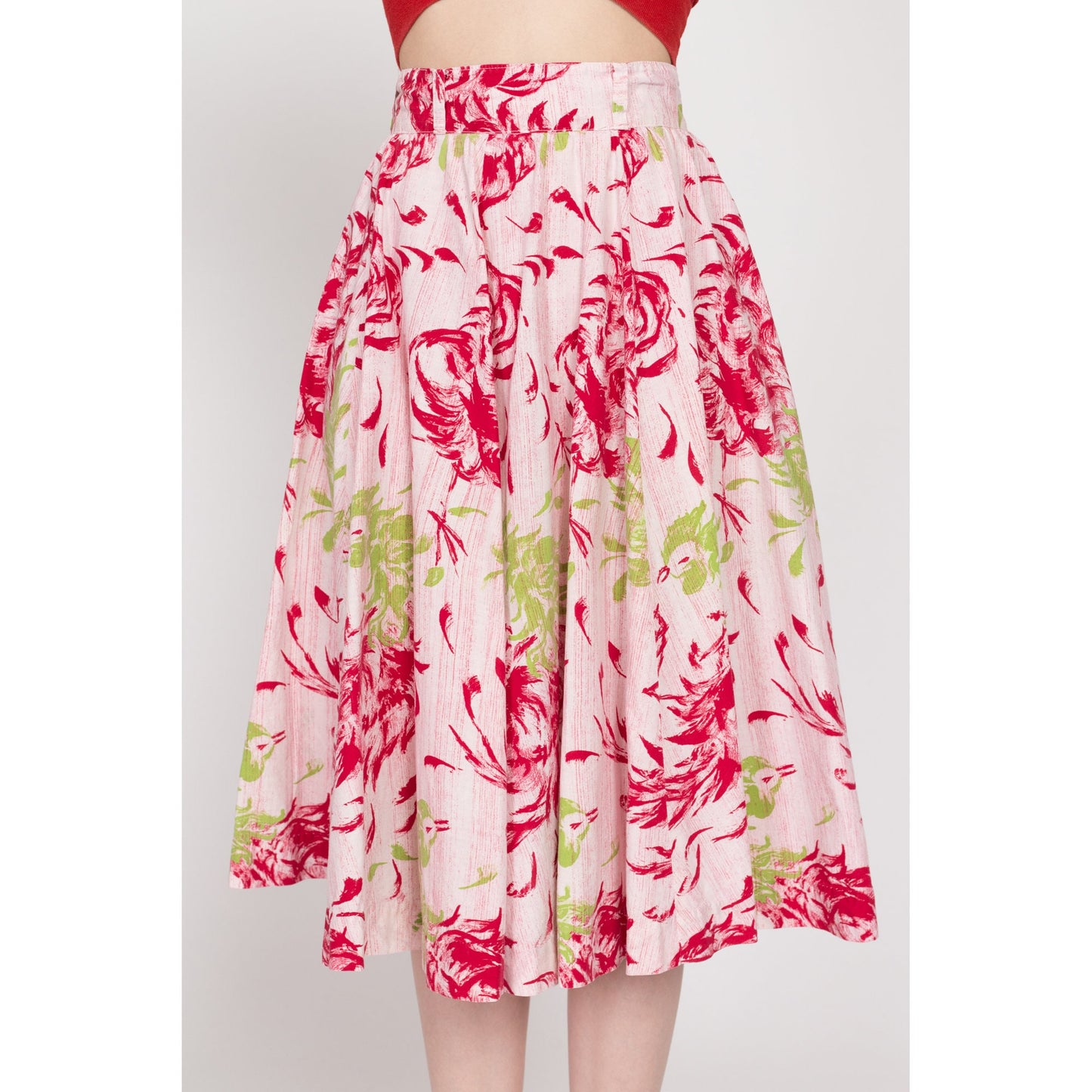 XS 50s 60s Windy Floral Print Circle Skirt 24" | Vintage Red Pink Green Boho Midi Flower Print Skirt