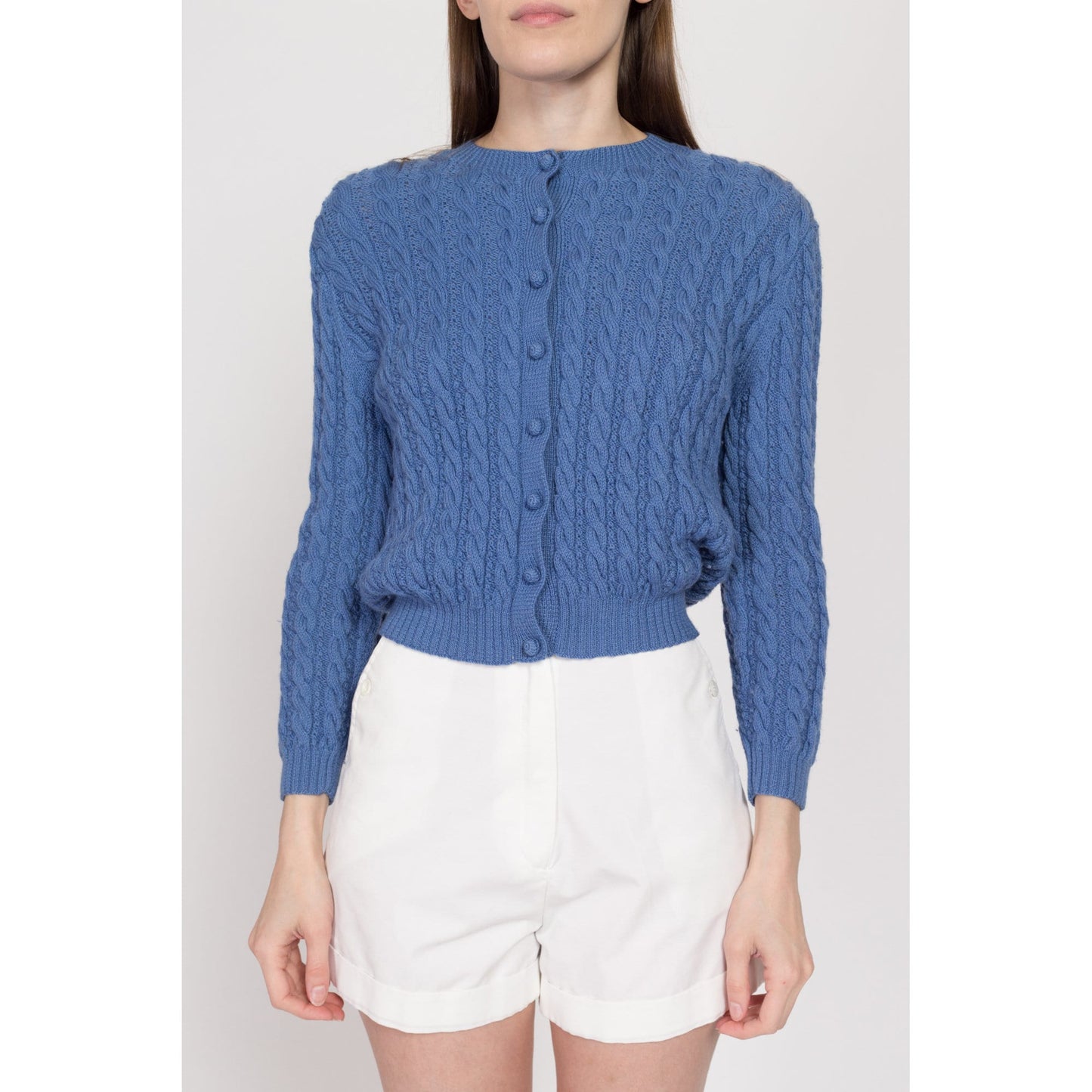 Medium 70s Cornflower Blue Cropped Cable Knit Cardigan | Vintage Button Up Lightweight Wool Sweater