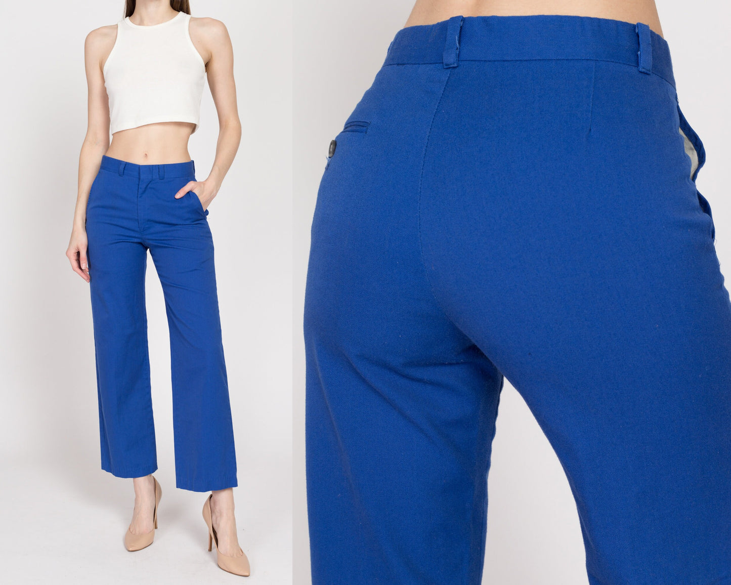 XS 70s Royal Blue Mid Rise Trousers | Retro Vintage Straight Leg Cropped Ankle Pants
