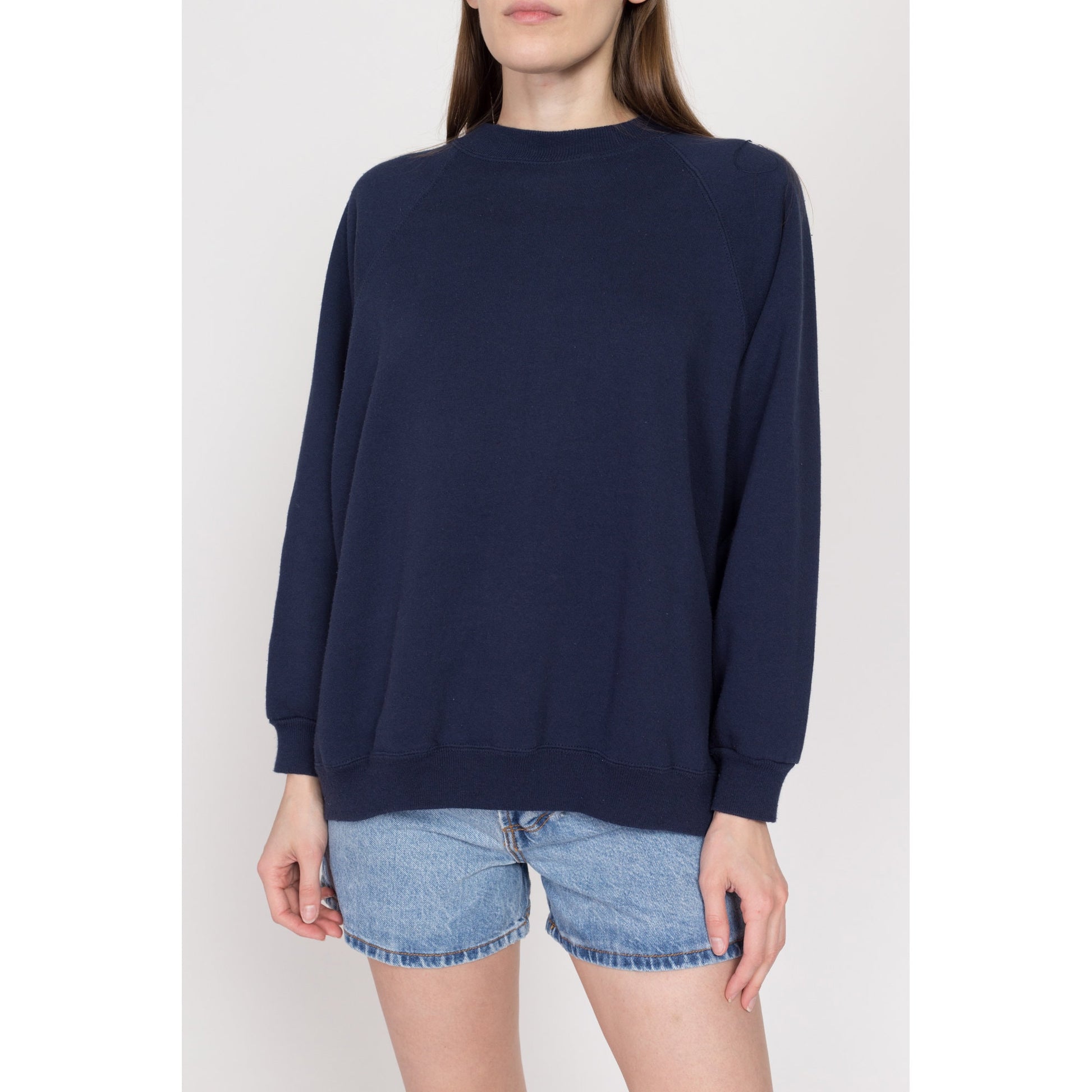 1X 90s Navy Blue Soft Raglan Sweatshirt | Vintage Slouchy Plain Crewneck Pullover