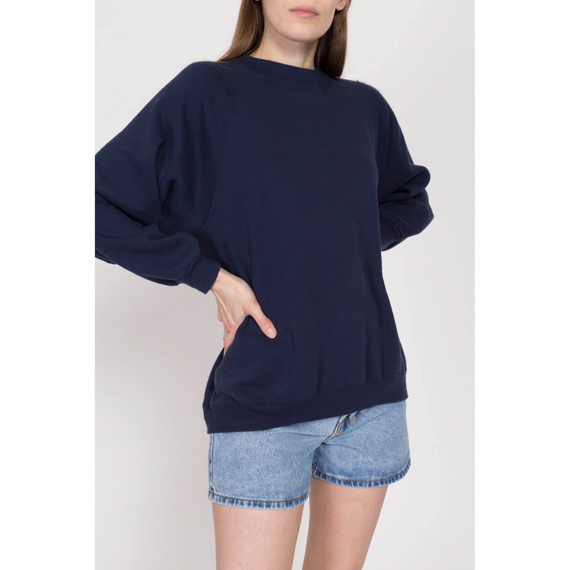 1X 90s Navy Blue Soft Raglan Sweatshirt | Vintage Slouchy Plain Crewneck Pullover