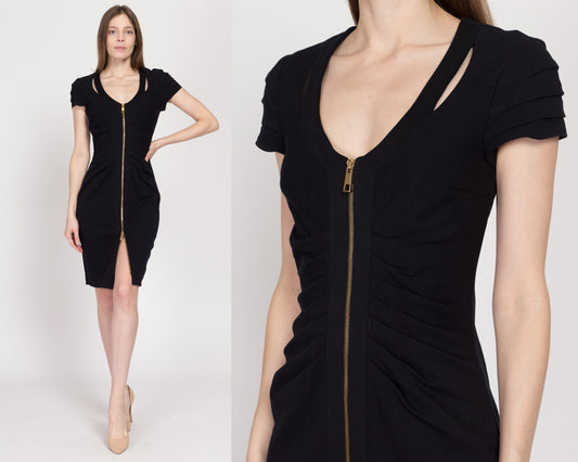 Small 90s Y2K Cache Black Zip Front Bodycon Dress | Vintage Ruched Fitted Sheath Cocktail Party Mini Dress
