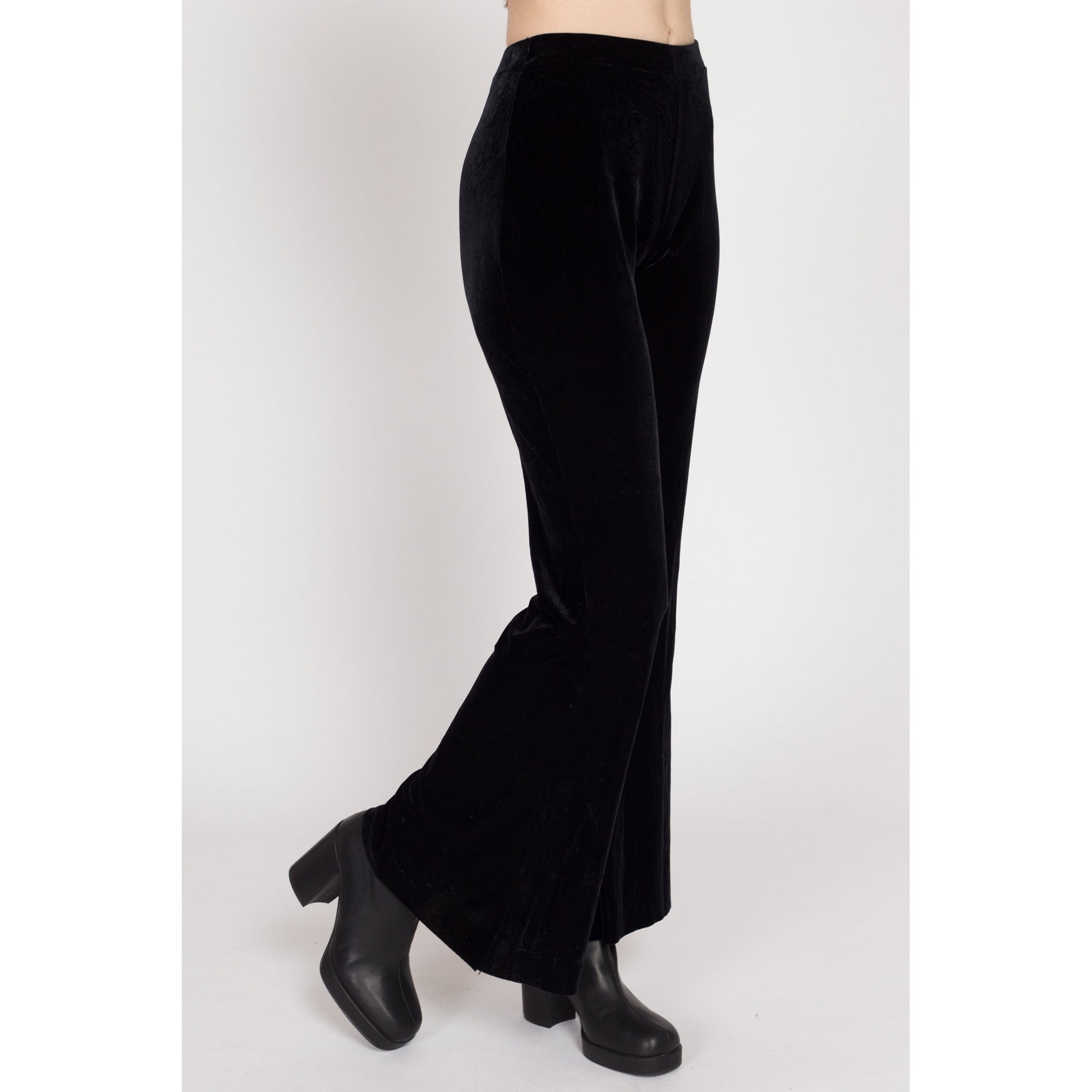 XS-Sm 90s Black Velvet Flared Pants | Vintage High Waisted Stretchy Bell Bottom Flares