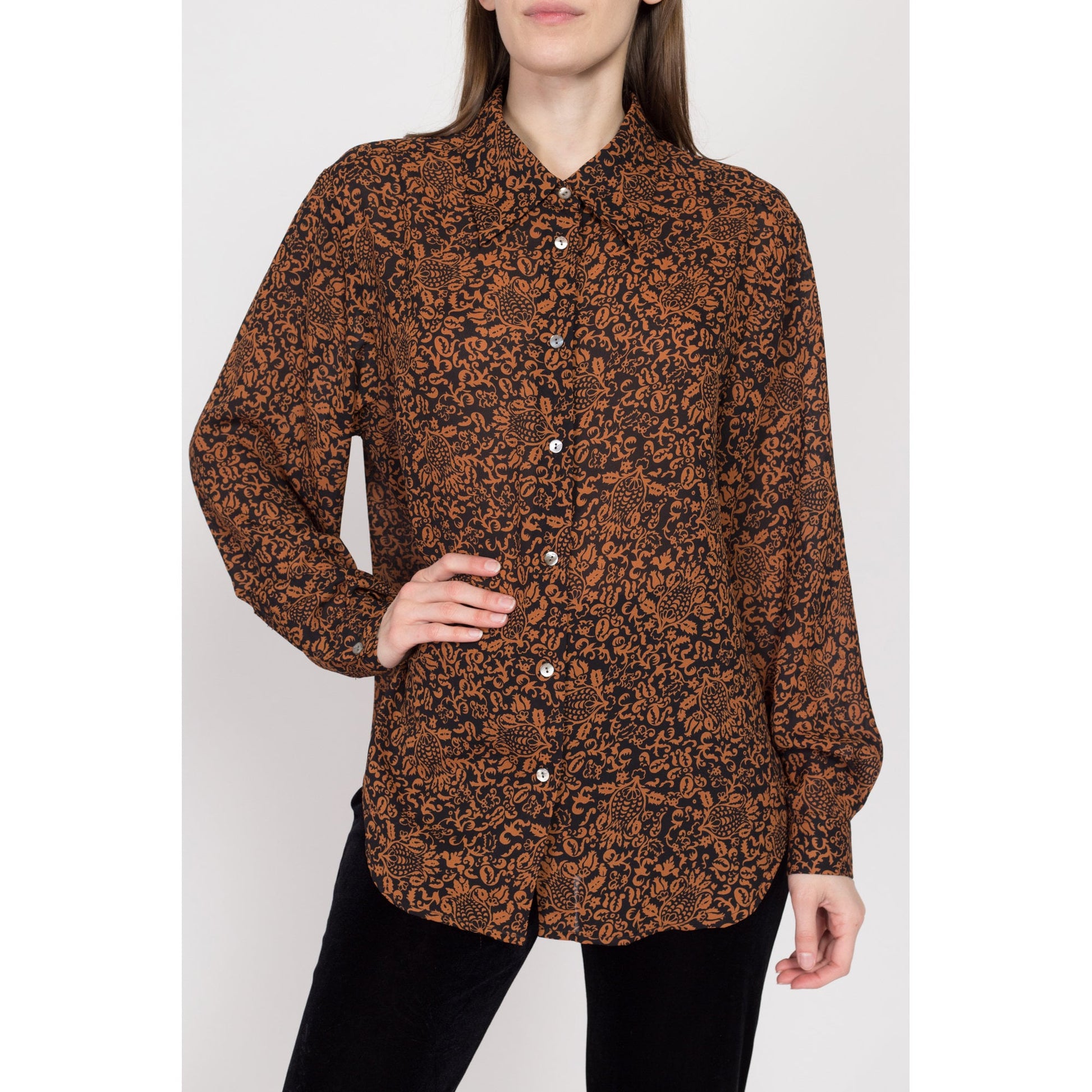Large 80s Baroque Black & Orange Floral Blouse | Vintage Long Sleeve Button Up Oversize Secretary Top