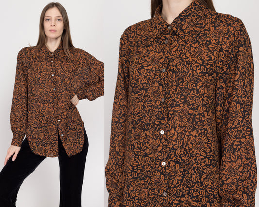 Large 80s Baroque Black & Orange Floral Blouse | Vintage Long Sleeve Button Up Oversize Secretary Top