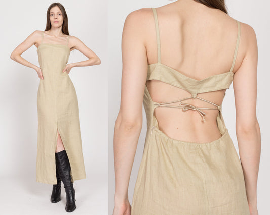 XS 90s Oatmeal Linen Backless Maxi Dress | Vintage Minimalist Sleeveless Low Back Keyhole Sundress