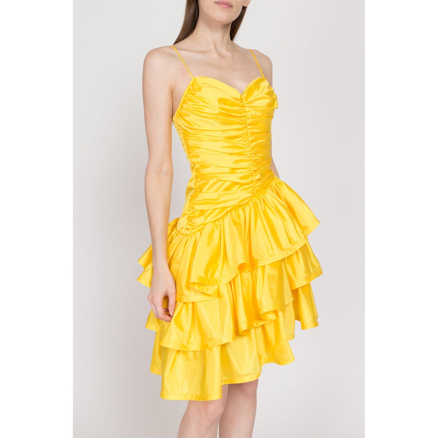 XS 80s Yellow Satin Tiered Mini Party Dress | Vintage Zum Zum Fit & Flare Prom Gown Retro Formal Dress