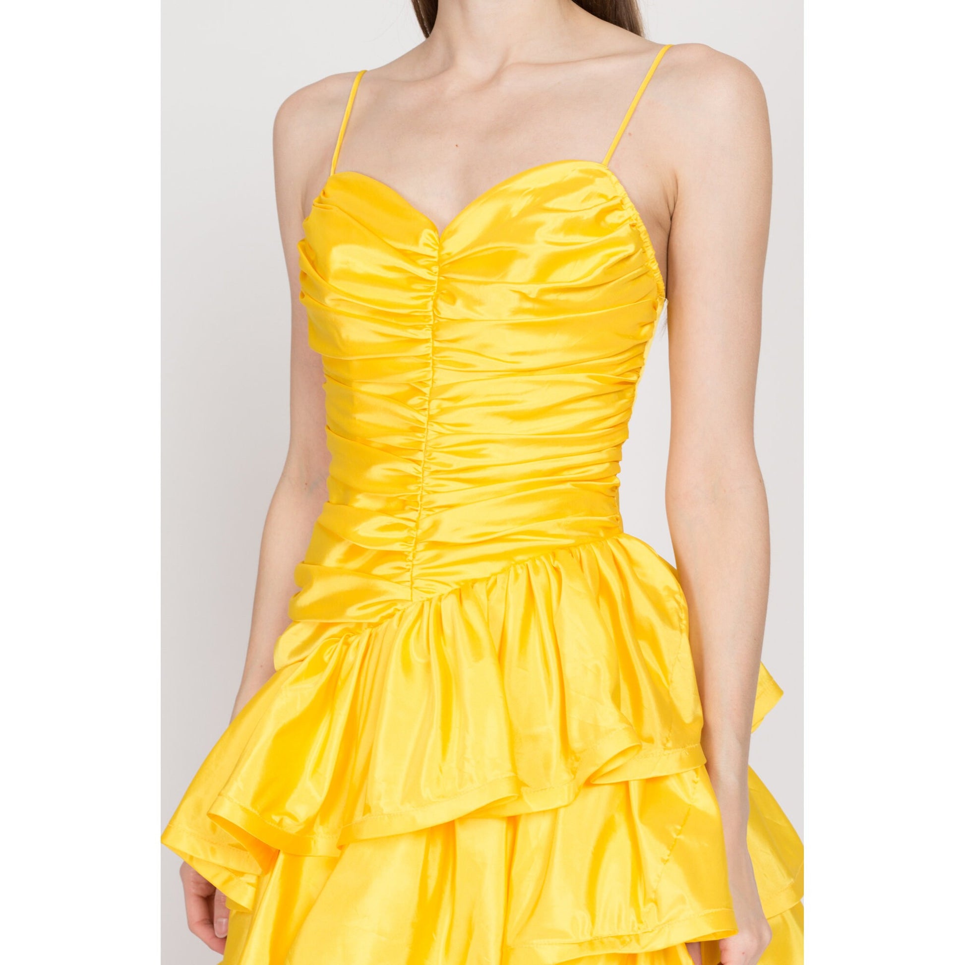 XS 80s Yellow Satin Tiered Mini Party Dress | Vintage Zum Zum Fit & Flare Prom Gown Retro Formal Dress