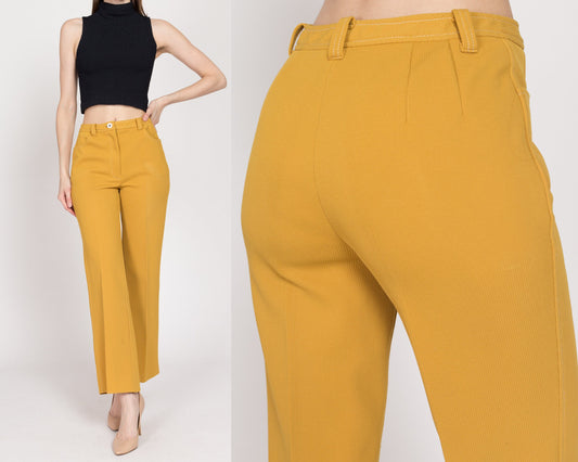 Small 70s Mustard Yellow Ribbed Pants 27" | Vintage Retro High Waisted Bootcut Trousers