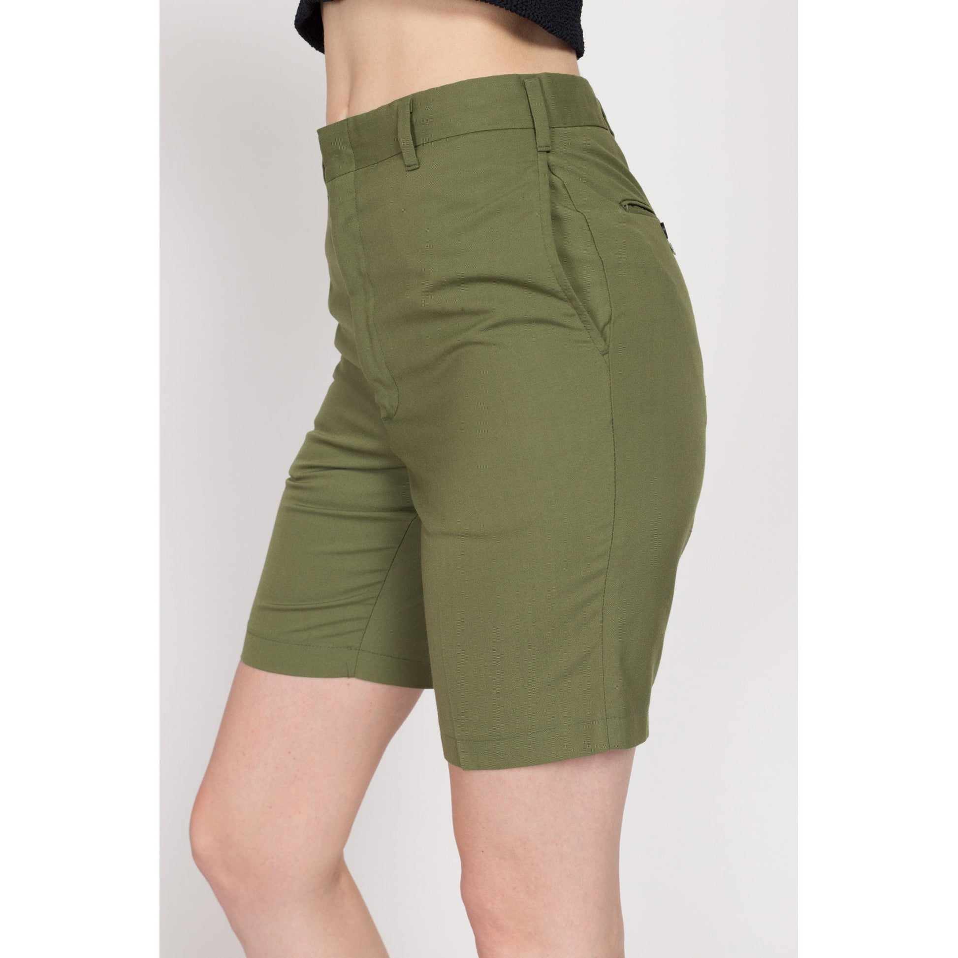 XS 70s Army Green Shorts | Vintage High Waisted Retro Trouser Shorts