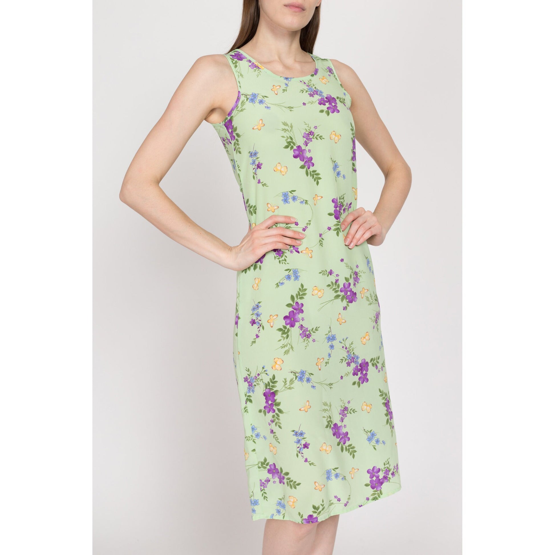 XS 90s Green Floral & Butterfly Midi Tank Dress Petite | Vintage Grunge Sleeveless Tie Back Sundress