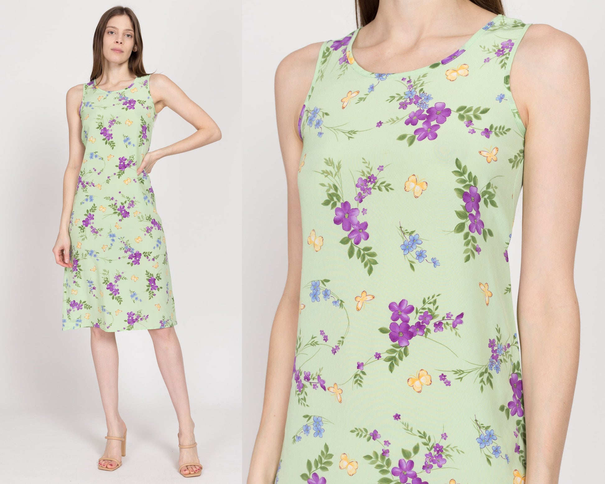 XS 90s Green Floral & Butterfly Midi Tank Dress Petite | Vintage Grunge Sleeveless Tie Back Sundress