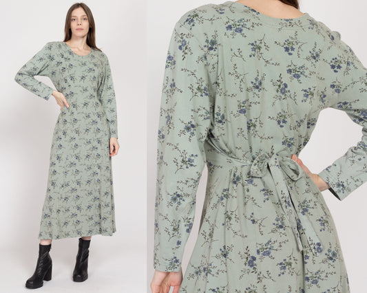 Medium 80s Sage Green Floral Long Sleeve Maxi Dress | Vintage Cotton Grunge Tie Back Dress