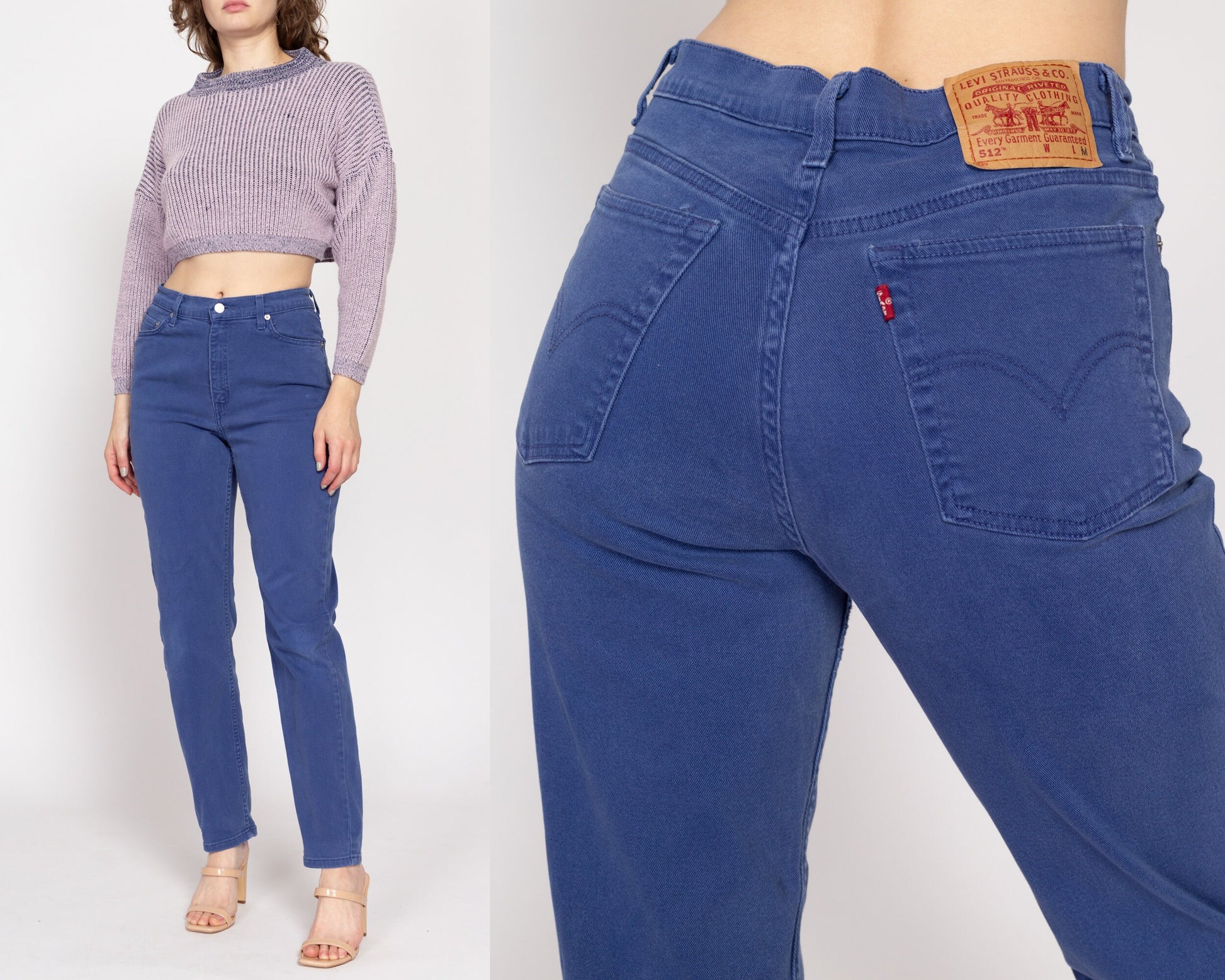Medium 90s Levis 512 High Waisted Jeans 29" | Vintage Levi's Periwinkle Blue Denim Slim Tapered Leg Stretchy Mom Jeans