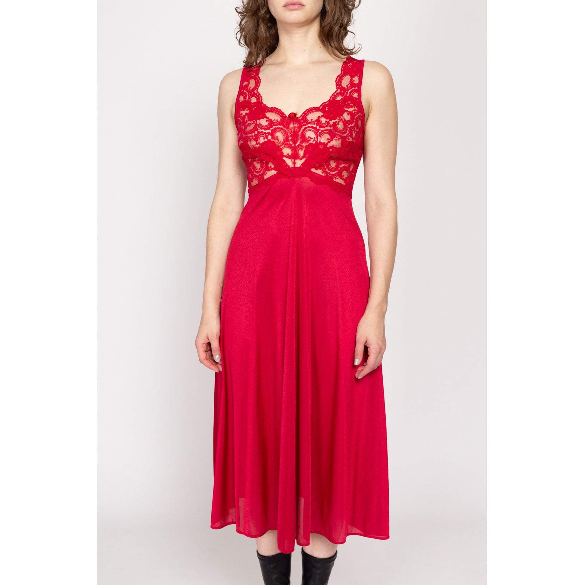 90s Red Lace Bust Midi Slip Dress - Small Flying Apple Vintage 90s Red Lace Bust Midi Slip Dress - Small Flying Apple Vintage