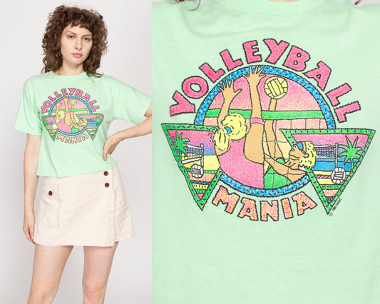 Medium 90s "Volleyball Mania" Cropped Graphic Tee | Vintage Mint Green Streetwear Crop Top T Shirt