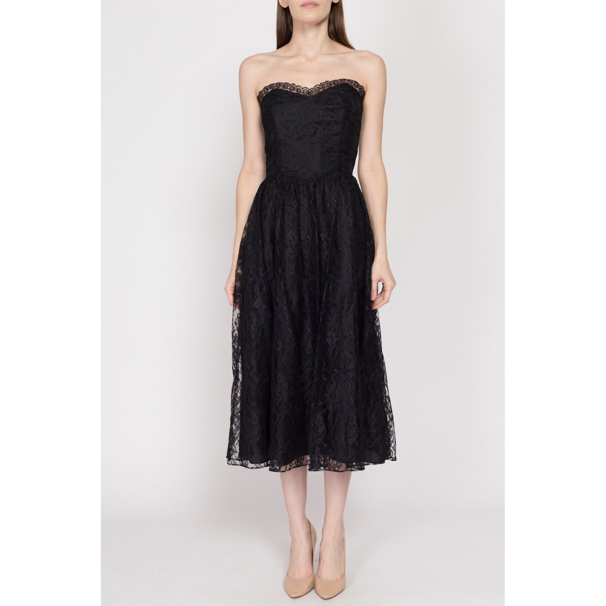 XS-Sm 80s Black Lace Strapless Party Dress | Vintage Fit & Flare Gothic Formal Midi Dress