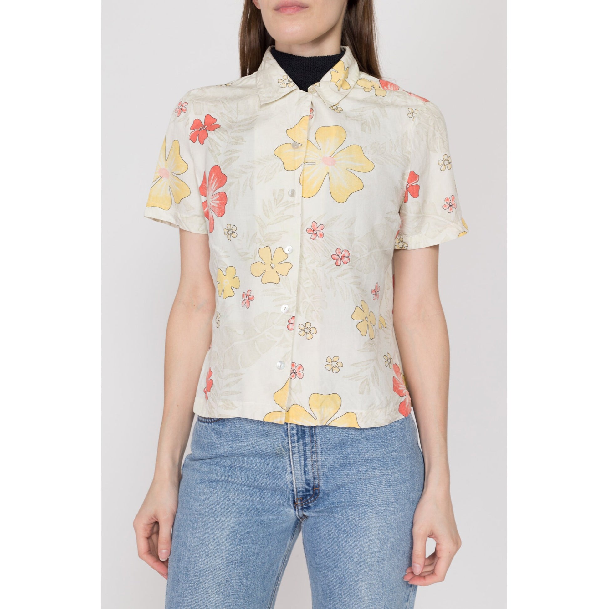 Medium 90s Tropical Floral Silk & Linen Cropped Blouse | Vintage Boho Flower Print Button Up Crop Top