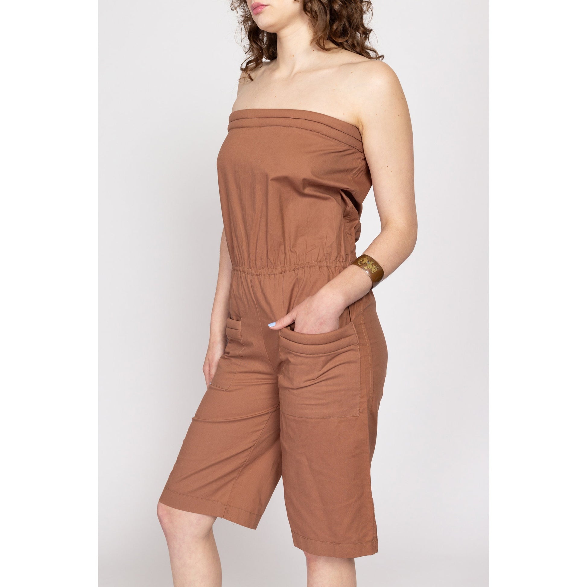 Petite Medium 90s Strapless Brown Cotton Romper | Vintage One Piece Short Jumpsuit
