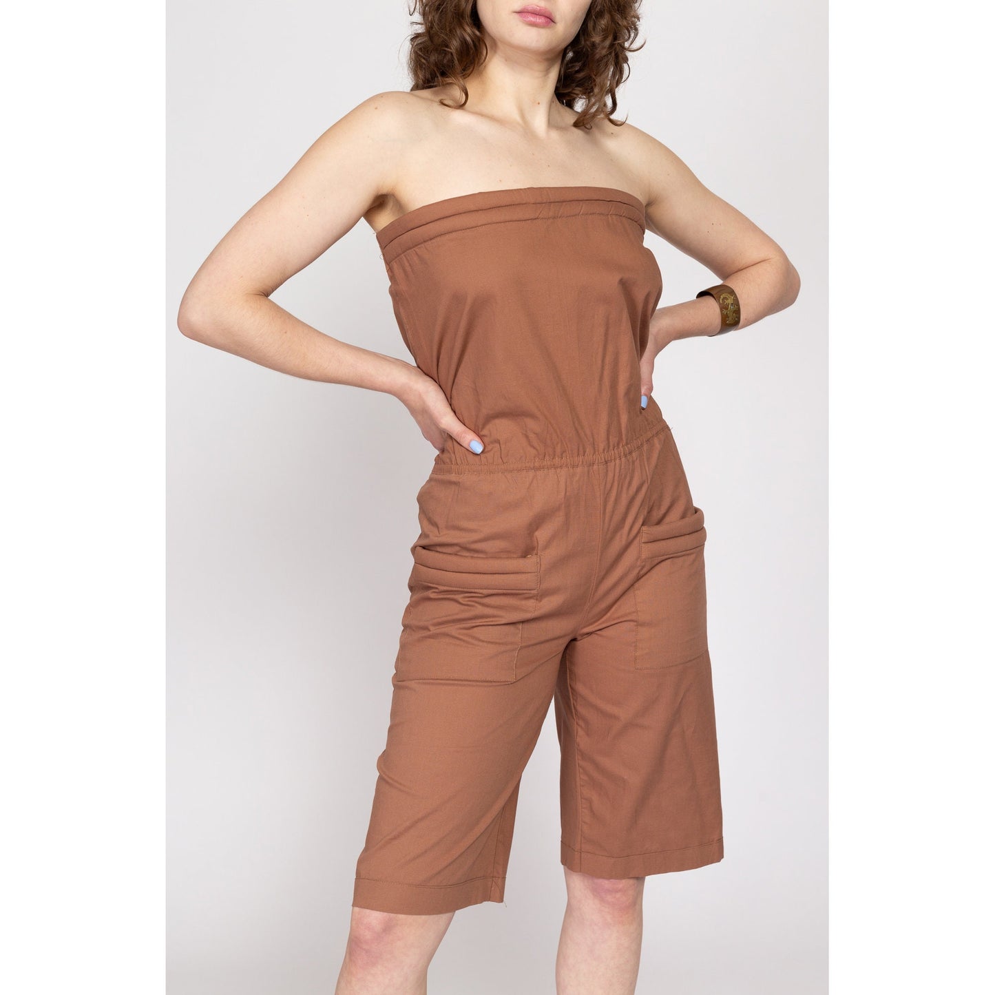Petite Medium 90s Strapless Brown Cotton Romper | Vintage One Piece Short Jumpsuit