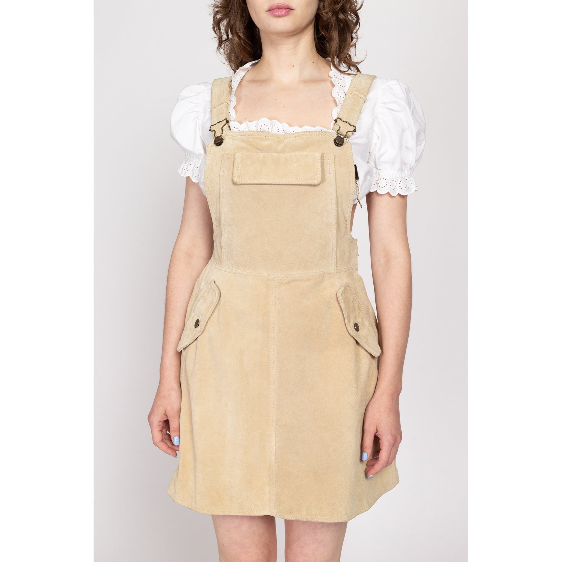 Small 90s Tan Suede Overall Mini Dress | Vintage Leather Fit & Flare Pinafore Apron Dress