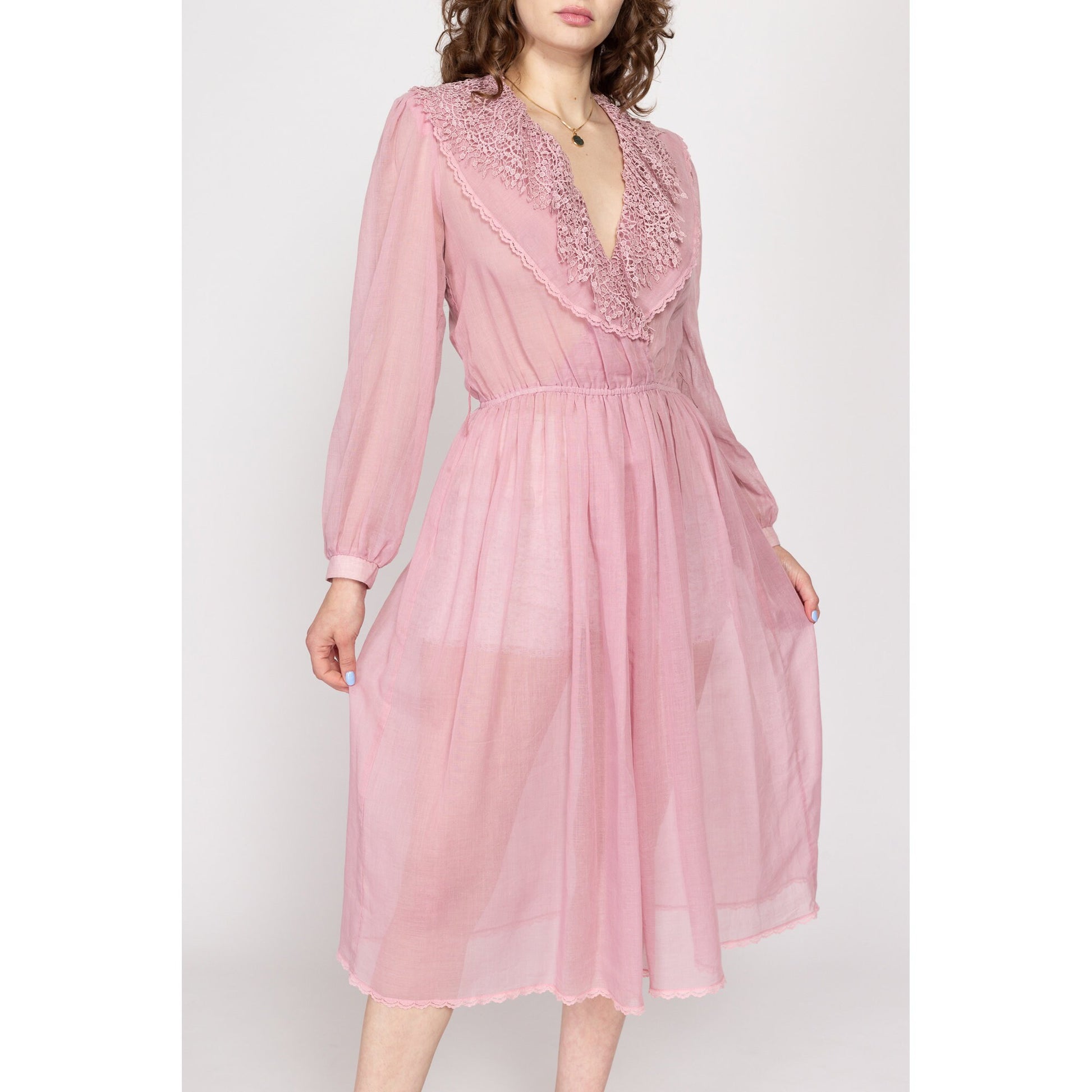 Medium 80s Sheer Dusty Pink Lace Collar Midi Dress | Vintage Jackie Taub Ruffle Deep V Neck Long Sleeve Retro Shirtdress