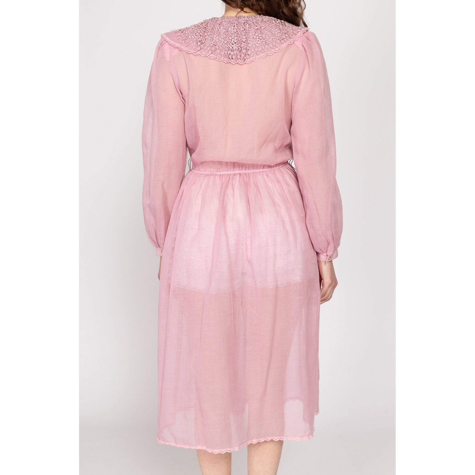 Medium 80s Sheer Dusty Pink Lace Collar Midi Dress | Vintage Jackie Taub Ruffle Deep V Neck Long Sleeve Retro Shirtdress
