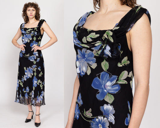 XL 90s Black Floral Silk Cowl Neck Maxi Dress | Vintage Draped Bias Cut Sleeveless Formal Sundress
