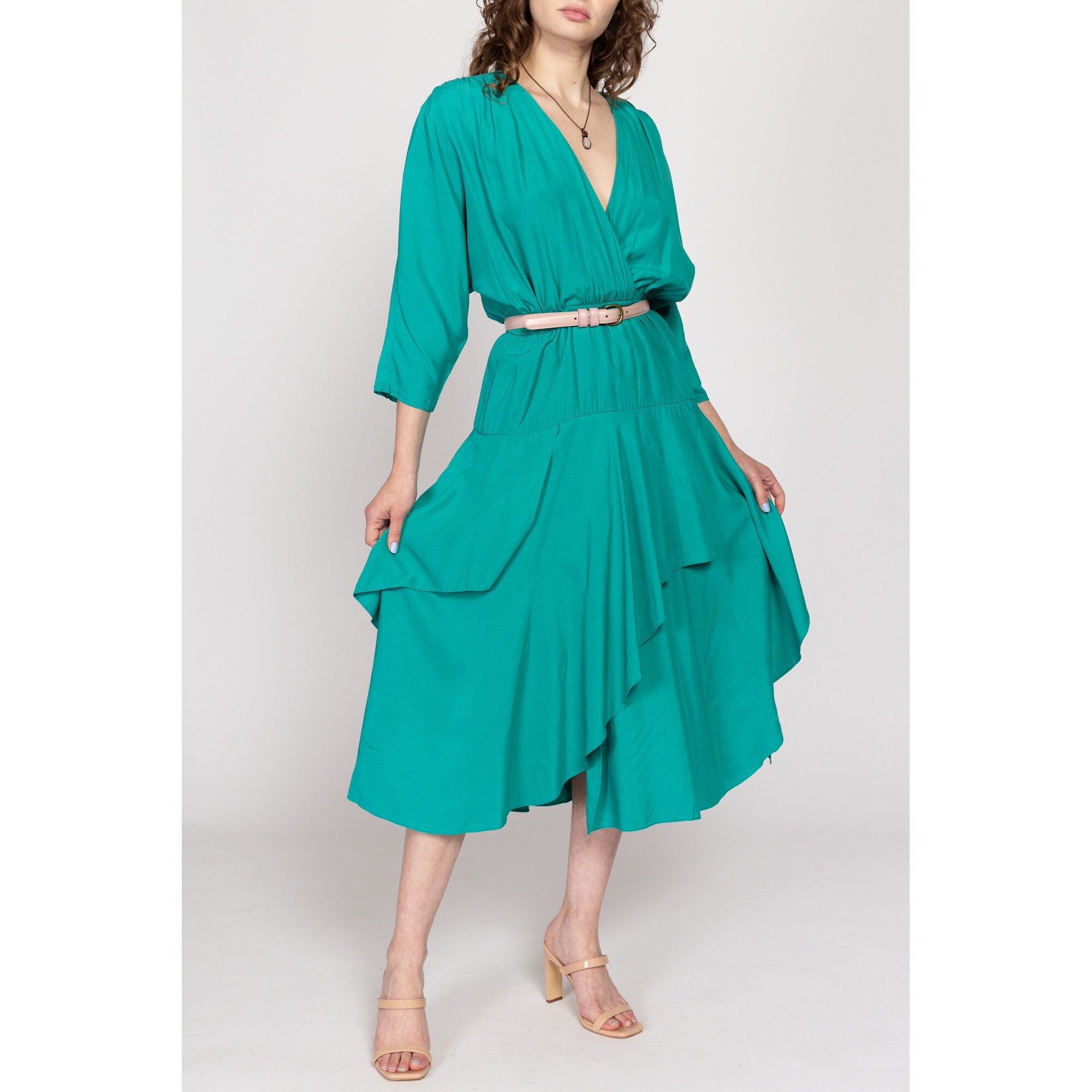 Medium 80s Teal Green Layered Skirt Midi Dress Flying Apple Vintage