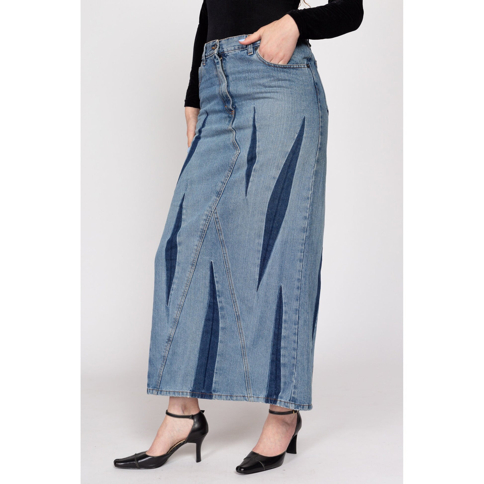 Medium 90s Bray Steve Alan Dagger Slit Denim Maxi Skirt | Vintage Grunge Long Blue Jean Mid Rise Skirt