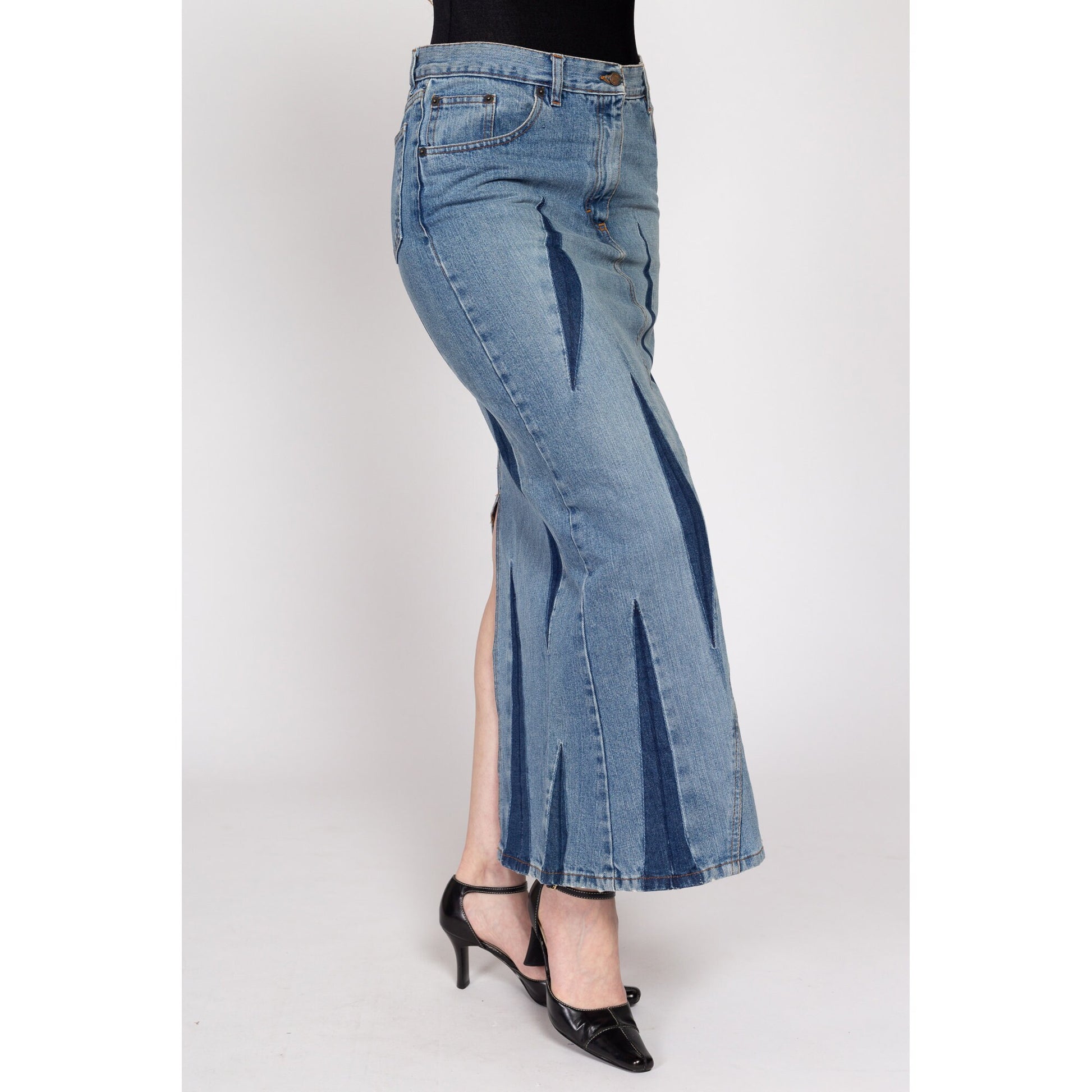 Medium 90s Bray Steve Alan Dagger Slit Denim Maxi Skirt | Vintage Grunge Long Blue Jean Mid Rise Skirt